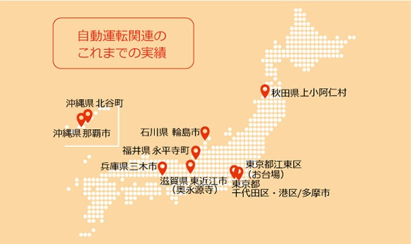 自動運転関連のこれまでの実績 秋田県上小阿仁村 東京都江東区(お台場) 東京都千代田区・港区/多摩市 石川県輪島市 福井県永平寺町 滋賀県東近江市(奥永源寺) 兵庫県三木市 沖縄県北谷町 沖縄県那覇市